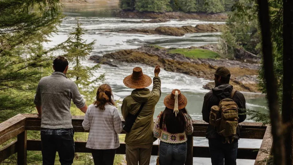 Group of tourists with a BC Indigenous tour guide.